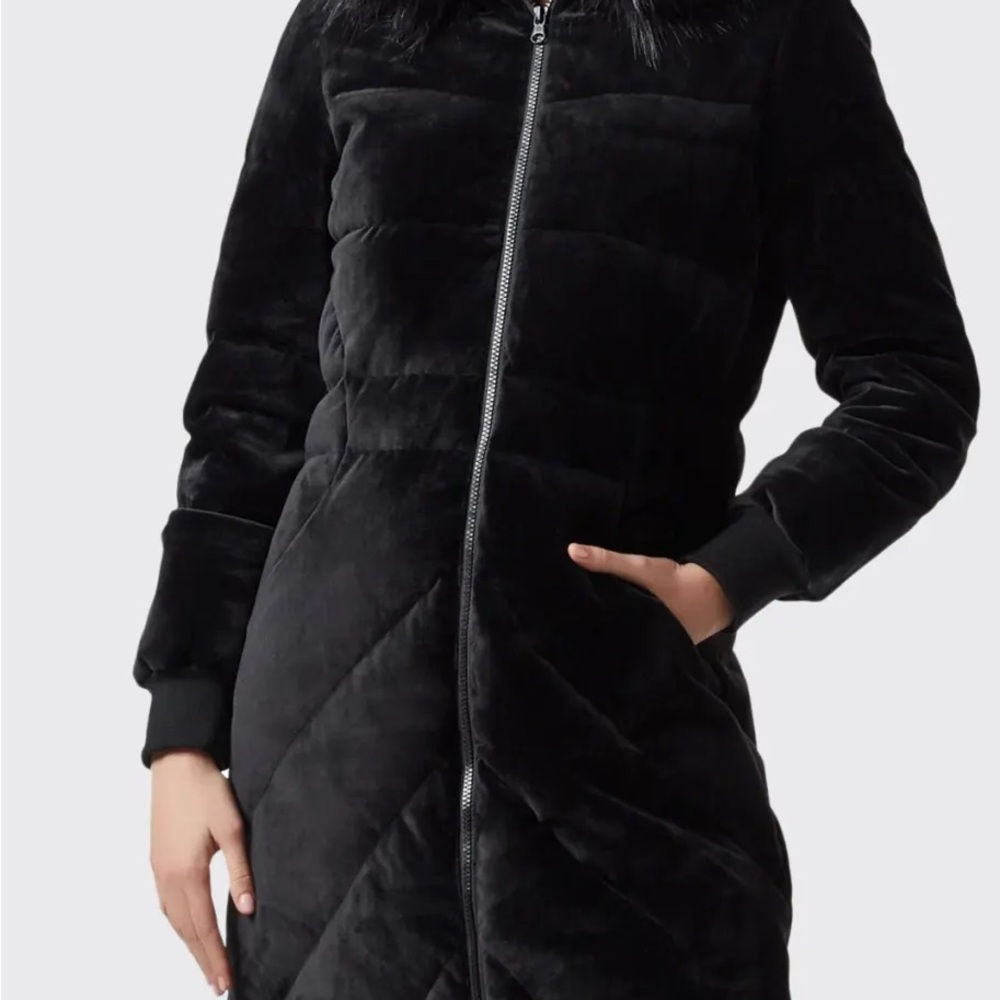 Blanc Noir Black Velvet Puffer Coat with Hood and Quilted Design